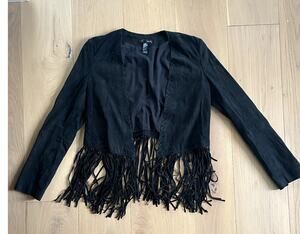 Aqua Fringe Black Leather Suede Coat - Size Small